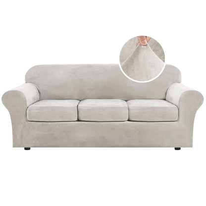 H.VERSAILTEX Modern Velvet Plush 4 Piece High Stretch Sofa Slipcover Furniture Protector Form Fit Luxury Thick Sofa Cover for 3 Cushion Couch, Machine Washable Width Up to 90 Inch(Sofa,Ivory)