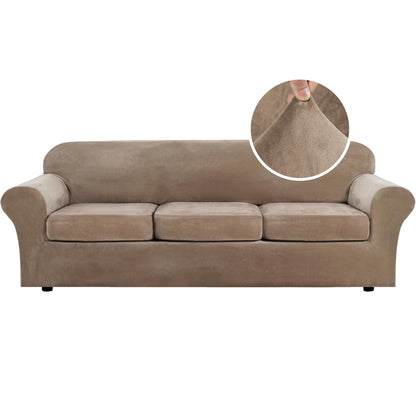 H.VERSAILTEX Modern Velvet Plush 4 Piece High Stretch Sofa Slipcover Furniture Protector Form Fit Luxury Thick Sofa Cover for 3 Cushion Couch, Machine Washable Width Up to 90 Inch(Sofa,Ivory)