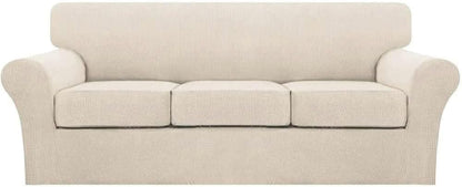 Turquoize 4 Piece Couch Cover Sofa Covers for 3 Cushion Couch Sofa Slipcovers Washable Sofa Cover for Dogs with Individual Couch Cushion Covers Feature Jacquard Fabric(3 Cushion Sofa, Biscotti Beige)