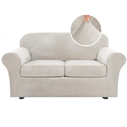 H.VERSAILTEX Modern Velvet Plush 4 Piece High Stretch Sofa Slipcover Furniture Protector Form Fit Luxury Thick Sofa Cover for 3 Cushion Couch, Machine Washable Width Up to 90 Inch(Sofa,Ivory)
