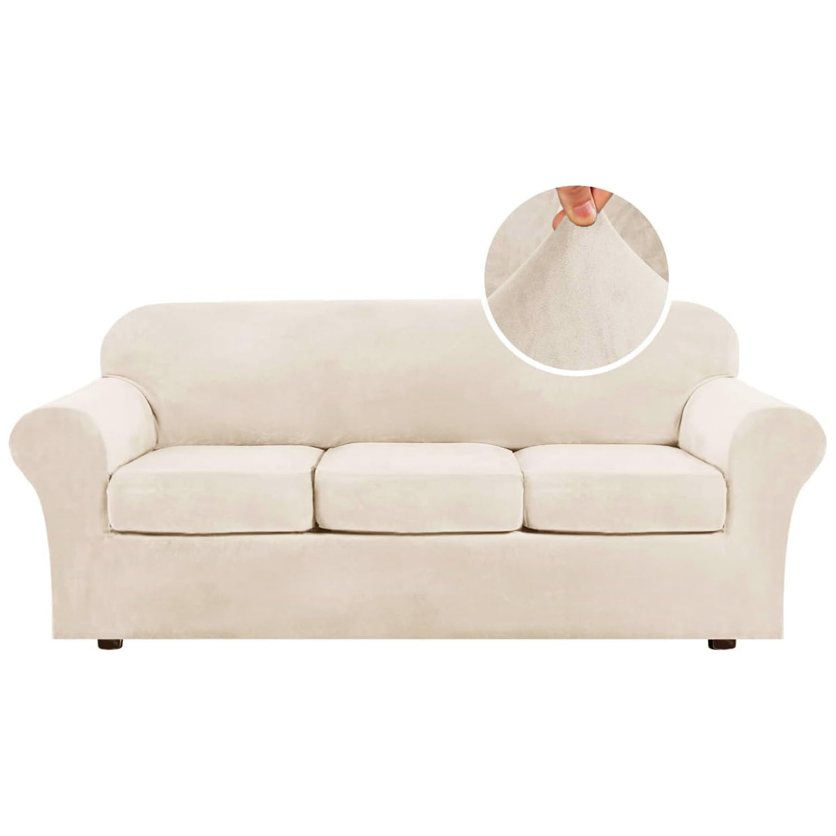 H.VERSAILTEX Modern Velvet Plush 4 Piece High Stretch Sofa Slipcover Furniture Protector Form Fit Luxury Thick Sofa Cover for 3 Cushion Couch, Machine Washable Width Up to 90 Inch(Sofa,Ivory)
