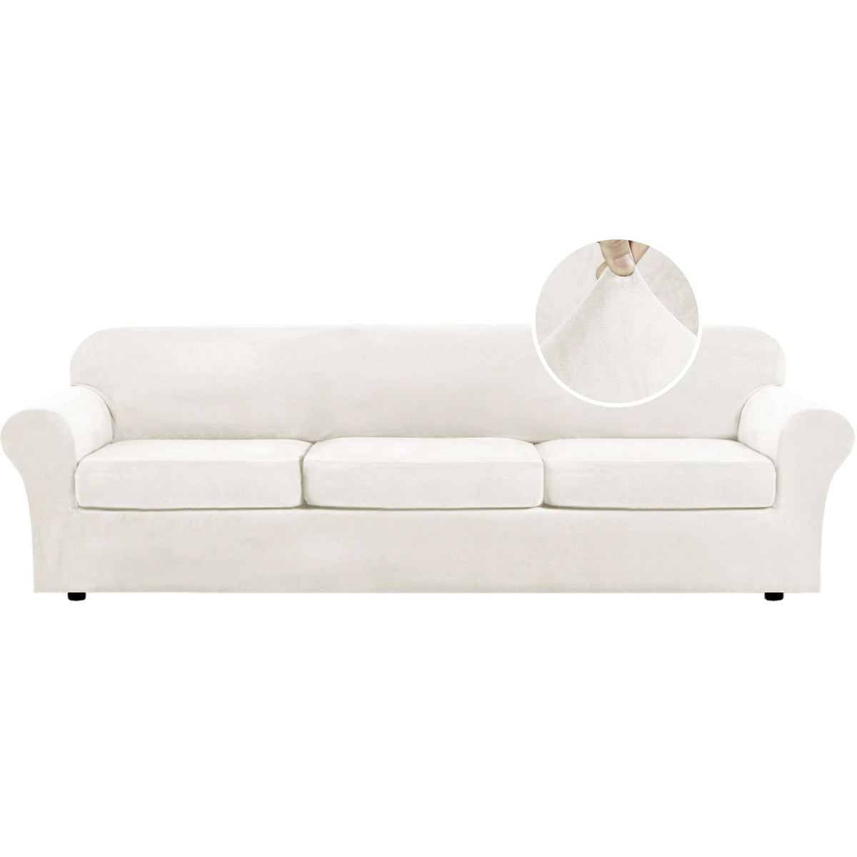 H.VERSAILTEX Modern Velvet Plush 4 Piece High Stretch Sofa Slipcover Furniture Protector Form Fit Luxury Thick Sofa Cover for 3 Cushion Couch, Machine Washable Width Up to 90 Inch(Sofa,Ivory)
