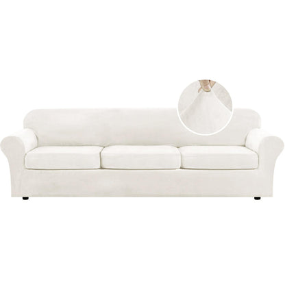 H.VERSAILTEX Modern Velvet Plush 4 Piece High Stretch Sofa Slipcover Furniture Protector Form Fit Luxury Thick Sofa Cover for 3 Cushion Couch, Machine Washable Width Up to 90 Inch(Sofa,Ivory)
