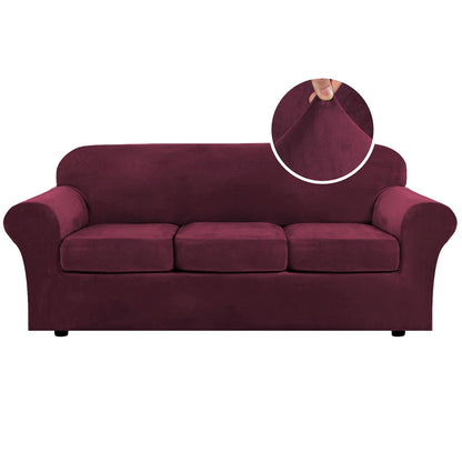 H.VERSAILTEX Modern Velvet Plush 4 Piece High Stretch Sofa Slipcover Furniture Protector Form Fit Luxury Thick Sofa Cover for 3 Cushion Couch, Machine Washable Width Up to 90 Inch(Sofa,Ivory)