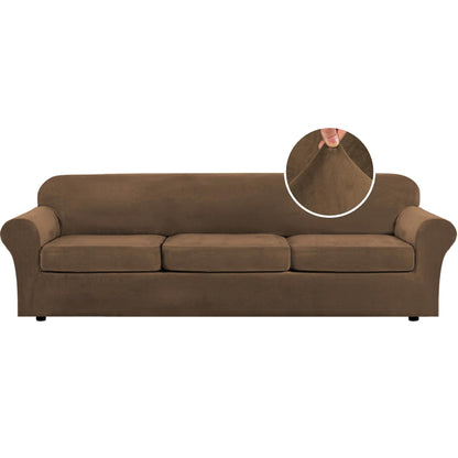 H.VERSAILTEX Modern Velvet Plush 4 Piece High Stretch Sofa Slipcover Furniture Protector Form Fit Luxury Thick Sofa Cover for 3 Cushion Couch, Machine Washable Width Up to 90 Inch(Sofa,Ivory)