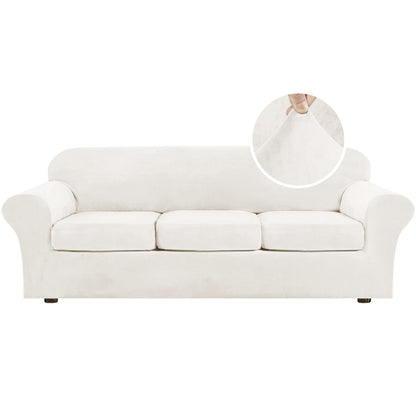 H.VERSAILTEX Modern Velvet Plush 4 Piece High Stretch Sofa Slipcover Furniture Protector Form Fit Luxury Thick Sofa Cover for 3 Cushion Couch, Machine Washable Width Up to 90 Inch(Sofa,Ivory)