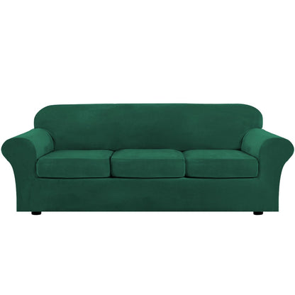 H.VERSAILTEX Modern Velvet Plush 4 Piece High Stretch Sofa Slipcover Furniture Protector Form Fit Luxury Thick Sofa Cover for 3 Cushion Couch, Machine Washable Width Up to 90 Inch(Sofa,Ivory)