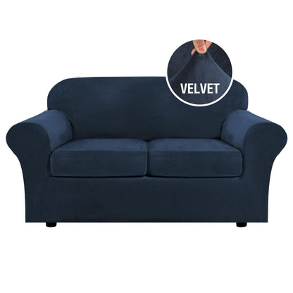 H.VERSAILTEX Modern Velvet Plush 4 Piece High Stretch Sofa Slipcover Furniture Protector Form Fit Luxury Thick Sofa Cover for 3 Cushion Couch, Machine Washable Width Up to 90 Inch(Sofa,Ivory)