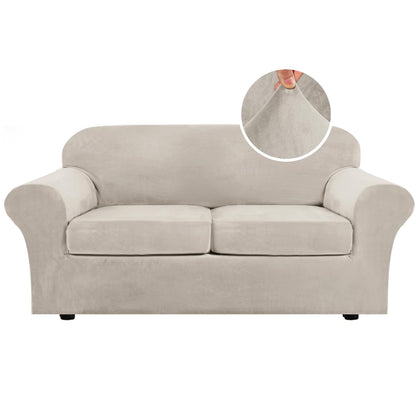 H.VERSAILTEX Modern Velvet Plush 4 Piece High Stretch Sofa Slipcover Furniture Protector Form Fit Luxury Thick Sofa Cover for 3 Cushion Couch, Machine Washable Width Up to 90 Inch(Sofa,Ivory)