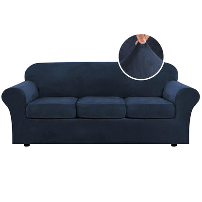 H.VERSAILTEX Modern Velvet Plush 4 Piece High Stretch Sofa Slipcover Furniture Protector Form Fit Luxury Thick Sofa Cover for 3 Cushion Couch, Machine Washable Width Up to 90 Inch(Sofa,Ivory)