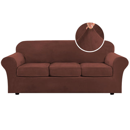 H.VERSAILTEX Modern Velvet Plush 4 Piece High Stretch Sofa Slipcover Furniture Protector Form Fit Luxury Thick Sofa Cover for 3 Cushion Couch, Machine Washable Width Up to 90 Inch(Sofa,Ivory)