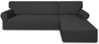 PureFit Super Stretch Sectional Couch Covers - 2 pcs Spandex Non Slip, with Elastic Bottom for L Shape Sectional Sofa Couches, Great for Kids & Pets (3 Seat Sofa + 3 Seat Chaise, Dark Gray)