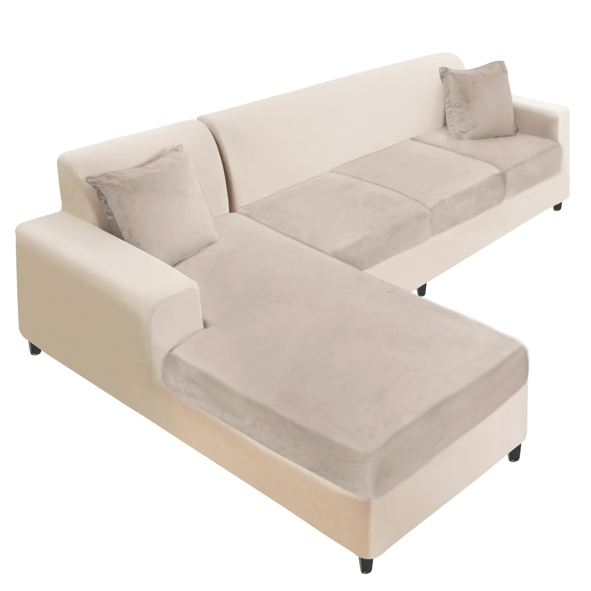 NAISI Sectional Couch Cover 4 Pieces Velvet Separate Couch Cushion Covers L Shape Soft Stretch Sofa Slipcovers with 2pcs Pillowcases for Left/Right Chaise Sectional Couch(3 Seater+1 Chaise,Dark Grey)