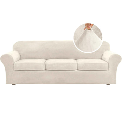 H.VERSAILTEX Modern Velvet Plush 4 Piece High Stretch Sofa Slipcover Furniture Protector Form Fit Luxury Thick Sofa Cover for 3 Cushion Couch, Machine Washable Width Up to 90 Inch(Sofa,Ivory)