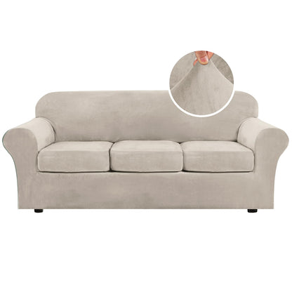 H.VERSAILTEX 4 Pieces Thick Velvet Sofa Covers Couch Covers for 3 Cushion Couch Sofa High Stretch Slipcovers Furniture Protector Form Fit Luxury Couch Cover for Dogs Width Up to 90 Inch(Sofa,Grey)