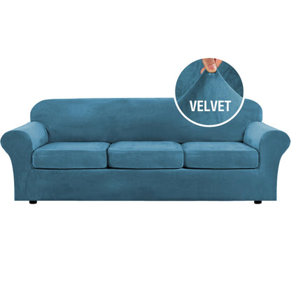 H.VERSAILTEX 4 Pieces Thick Velvet Sofa Covers Couch Covers for 3 Cushion Couch Sofa High Stretch Slipcovers Furniture Protector Form Fit Luxury Couch Cover for Dogs Width Up to 90 Inch(Sofa,Grey)