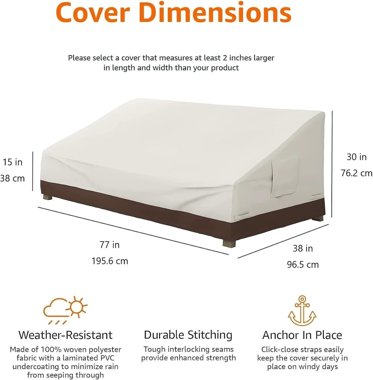 Amazon Basics 3-Seater Outdoor Couch and Patio Furniture Cover, Waterproof Lounge Sofa Cover, UV Resistant, Click-Close Straps, 78" x 38" x 29", Beige/Tan