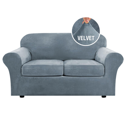 H.VERSAILTEX Modern Velvet Plush 4 Piece High Stretch Sofa Slipcover Furniture Protector Form Fit Luxury Thick Sofa Cover for 3 Cushion Couch, Machine Washable Width Up to 90 Inch(Sofa,Ivory)