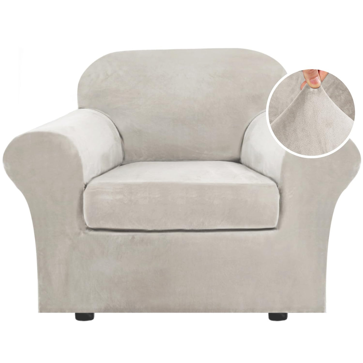 H.VERSAILTEX Modern Velvet Plush 4 Piece High Stretch Sofa Slipcover Furniture Protector Form Fit Luxury Thick Sofa Cover for 3 Cushion Couch, Machine Washable Width Up to 90 Inch(Sofa,Ivory)