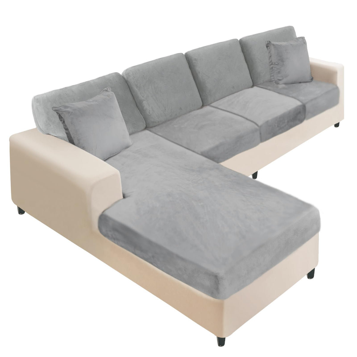 NAISI Sectional Couch Cover 4 Pieces Velvet Separate Couch Cushion Covers L Shape Soft Stretch Sofa Slipcovers with 2pcs Pillowcases for Left/Right Chaise Sectional Couch(3 Seater+1 Chaise,Dark Grey)