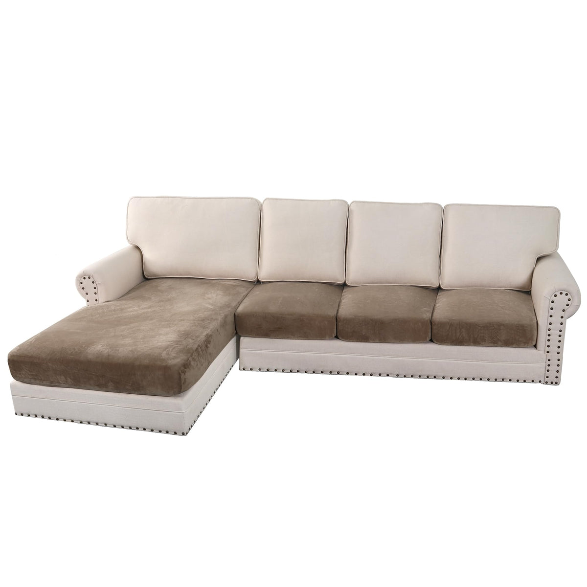 H.VERSAILTEX Velvet Stretch Couch Cushion Cover Plush Cushion Slipcover for Chair Loveseat Sofa Cushion Furniture Protector Seat Cushion Sofa Cover (2 Piece Large Sofa Cushion Covers, Ivory)