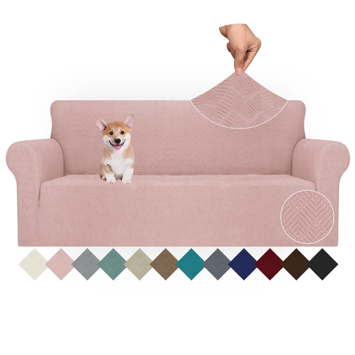 JIVINER High Stretch Couch Covers for 3 Cushion Couch 1-Piece Jacquard Sofa Slipcovers Anti Slip Sofa Cover with Elastic Bottom Furniture Protector for Kids Pets (Sofa, Light Gray and White)