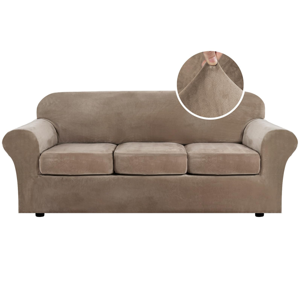 H.VERSAILTEX Modern Velvet Plush 4 Piece High Stretch Sofa Slipcover Furniture Protector Form Fit Luxury Thick Sofa Cover for 3 Cushion Couch, Machine Washable Width Up to 90 Inch(Sofa,Ivory)