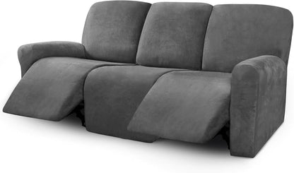ULTICOR Velvet 8-Pieces Recliner Sofa Covers Stretch Reclining Couch Covers for 3 Cushion Reclining Sofa Slipcovers Furniture Covers Thick Soft Washable (3 Seater Recliner Cover, Dark Gray)