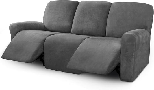 ULTICOR Velvet 8-Pieces Recliner Sofa Covers Stretch Reclining Couch Covers for 3 Cushion Reclining Sofa Slipcovers Furniture Covers Thick Soft Washable (3 Seater Recliner Cover, Dark Gray)
