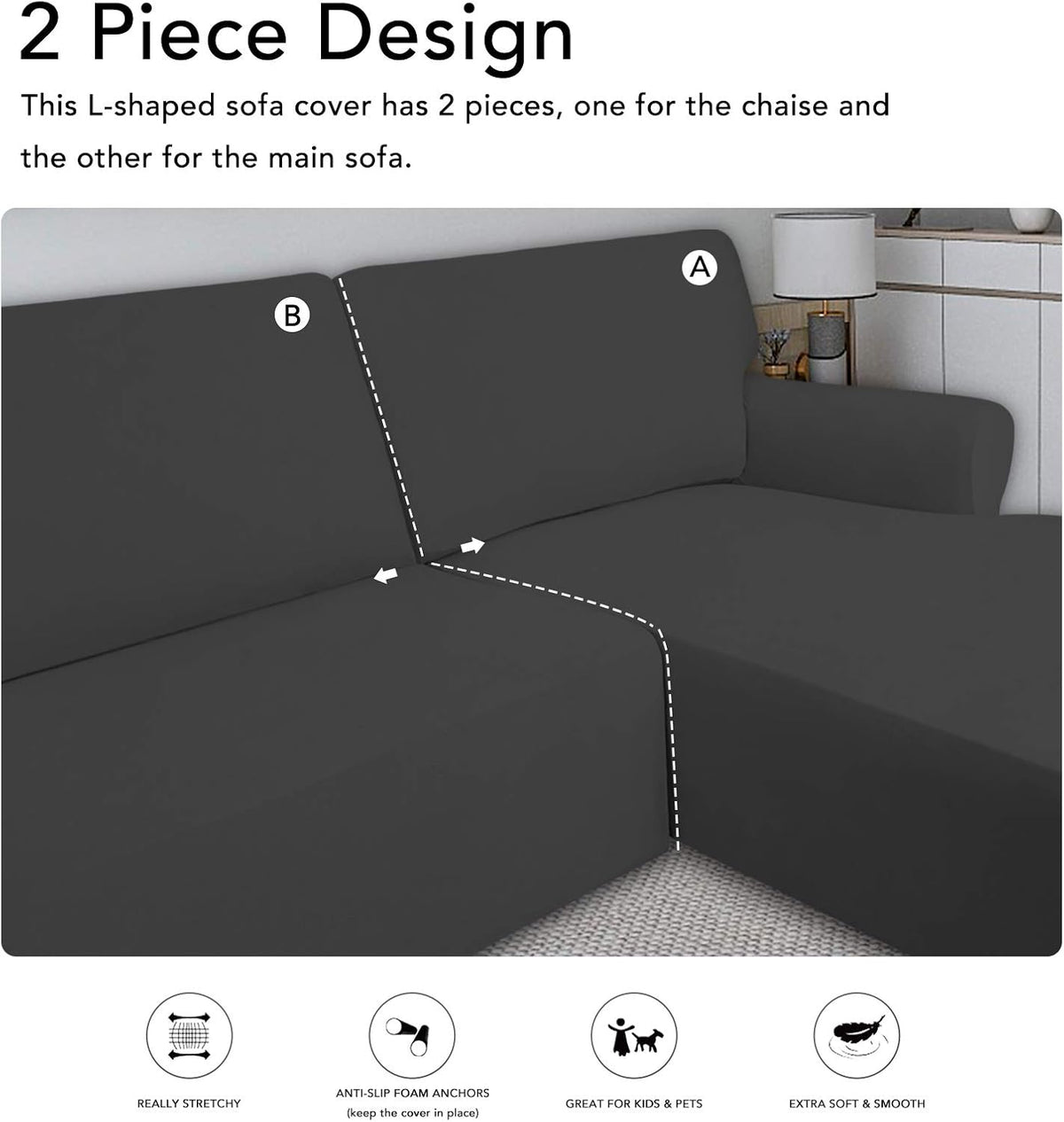 PureFit Super Stretch Sectional Couch Covers - 2 pcs Spandex Non Slip, with Elastic Bottom for L Shape Sectional Sofa Couches, Great for Kids & Pets (3 Seat Sofa + 3 Seat Chaise, Dark Gray)