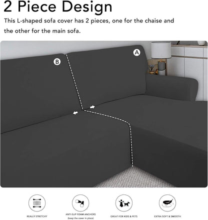 PureFit Super Stretch Sectional Couch Covers - 2 pcs Spandex Non Slip, with Elastic Bottom for L Shape Sectional Sofa Couches, Great for Kids & Pets (3 Seat Sofa + 3 Seat Chaise, Dark Gray)