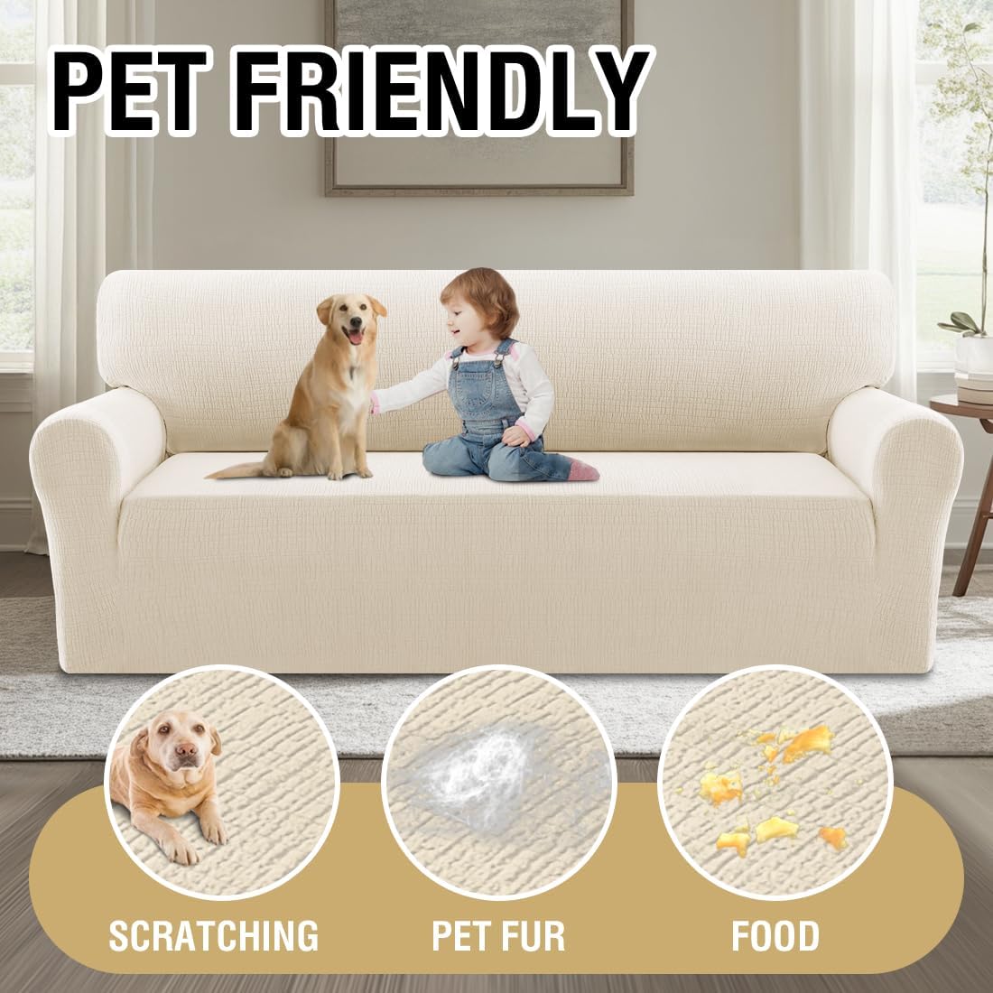 H.VERSAILTEX Jacquard Sofa Slipcover with Waterproof Seat Furniture Protector 1 Piece Stretch Sofa Covers with Elastic Bottom for Kids, Pets, Dog(Sofa L, Ivory)