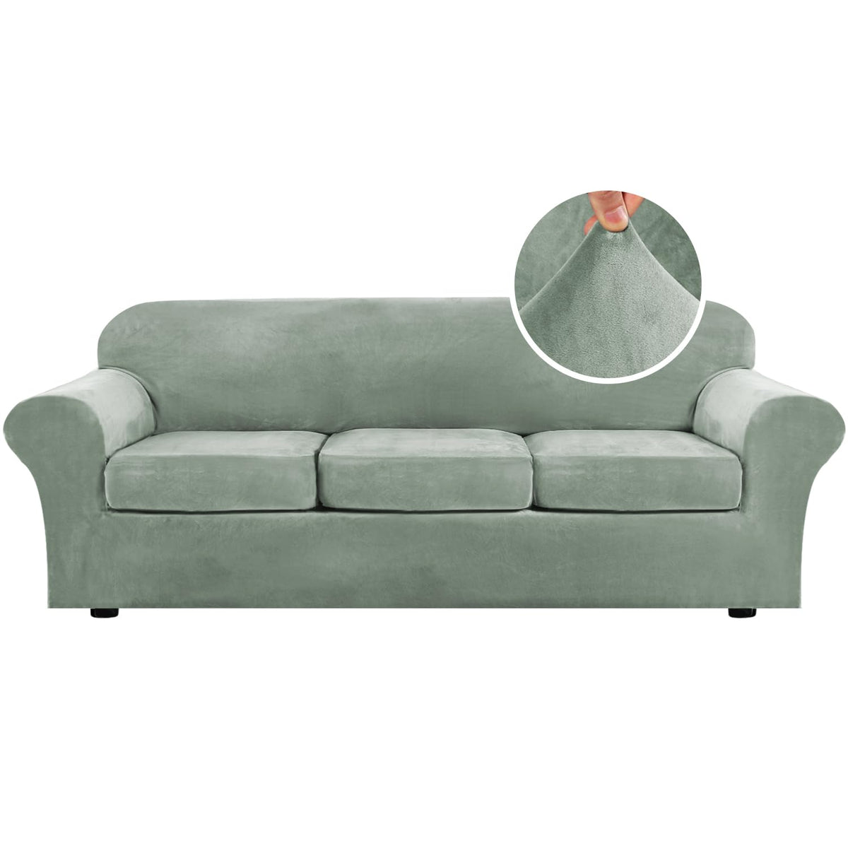 H.VERSAILTEX Modern Velvet Plush 4 Piece High Stretch Sofa Slipcover Furniture Protector Form Fit Luxury Thick Sofa Cover for 3 Cushion Couch, Machine Washable Width Up to 90 Inch(Sofa,Ivory)