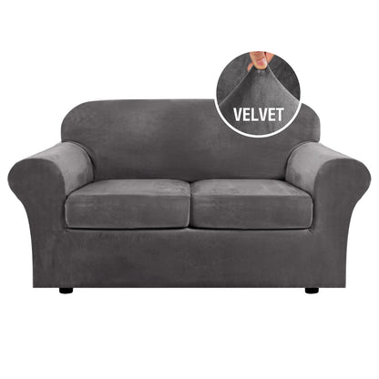 H.VERSAILTEX 4 Pieces Thick Velvet Sofa Covers Couch Covers for 3 Cushion Couch Sofa High Stretch Slipcovers Furniture Protector Form Fit Luxury Couch Cover for Dogs Width Up to 90 Inch(Sofa,Grey)