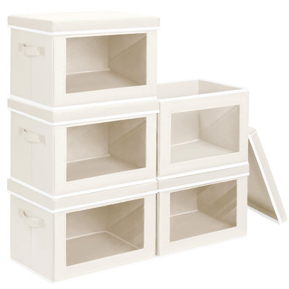 Homsorout Storage Bins with Lids, 4 Pack Large Storage Cubes with Window, Closet Bins with Lids & Handles, Fabric Box for Organizing Clothes, Towels, Books, Beige