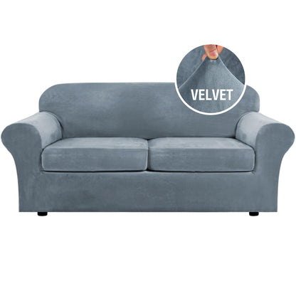 H.VERSAILTEX Modern Velvet Plush 4 Piece High Stretch Sofa Slipcover Furniture Protector Form Fit Luxury Thick Sofa Cover for 3 Cushion Couch, Machine Washable Width Up to 90 Inch(Sofa,Ivory)