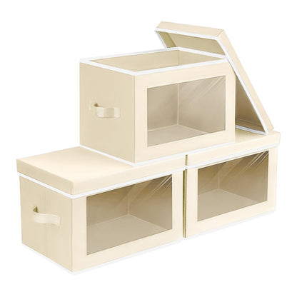 Homsorout Storage Bins with Lids, 4 Pack Large Storage Cubes with Window, Closet Bins with Lids & Handles, Fabric Box for Organizing Clothes, Towels, Books, Beige