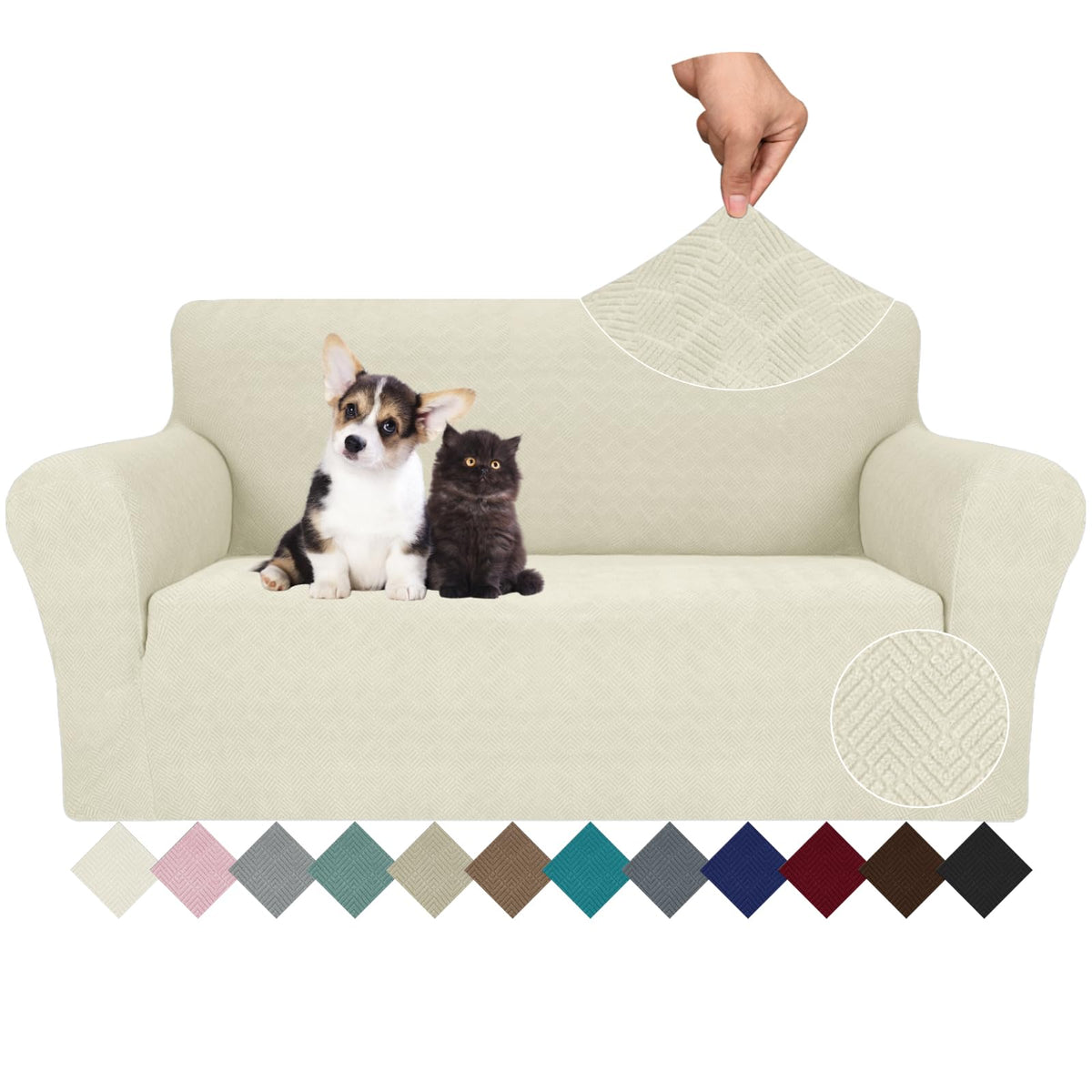 JIVINER High Stretch Couch Covers for 3 Cushion Couch 1-Piece Jacquard Sofa Slipcovers Anti Slip Sofa Cover with Elastic Bottom Furniture Protector for Kids Pets (Sofa, Light Gray and White)