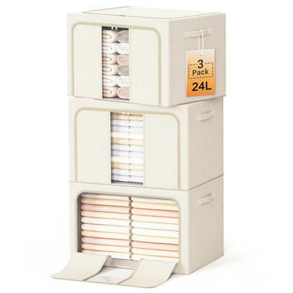 Clothes Storage Bins with Metal Frame, Foldable Clothes Organizers Storage Containers for Clothes, Sheets, Blankets, Pillows and Towels (24L, 3 Pack) Beige