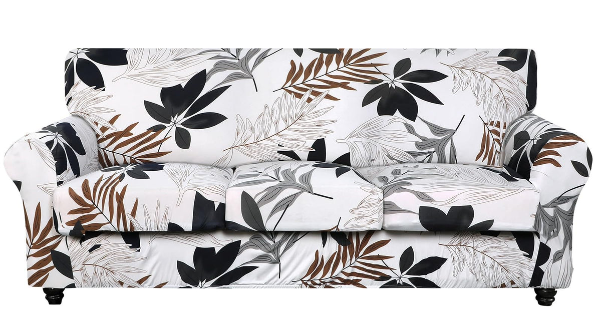 SearchI Stretch Sofa Cover Printed Couch Cover, Floral Pattern 4 Pieces Sofa Slipcover with 3 Separate Cushion Cover, Washable Furniture Protector for Living Room(Sofa, Yellow+Flower)