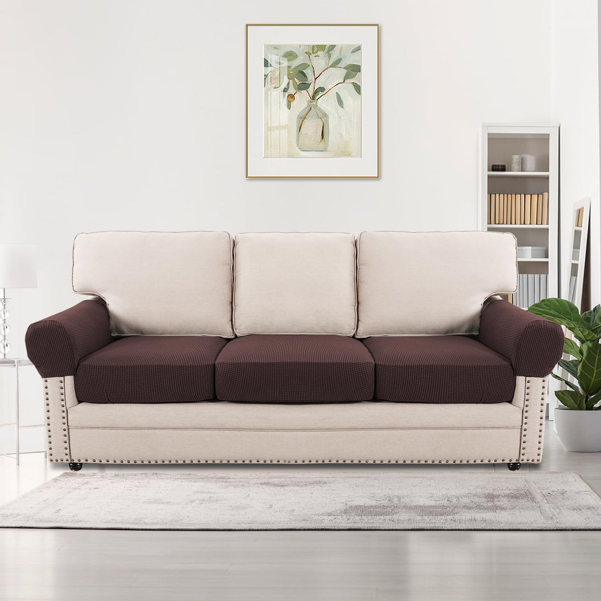 H.VERSAILTEX Multi-Pieces Sofa Covers Stretch Couch Covers Form Fitted Seats and Back Cushions Covers (3 Seat Covers Plus 3 Back Cusion Covers, Bonus 2 Armrest Covers), Sand
