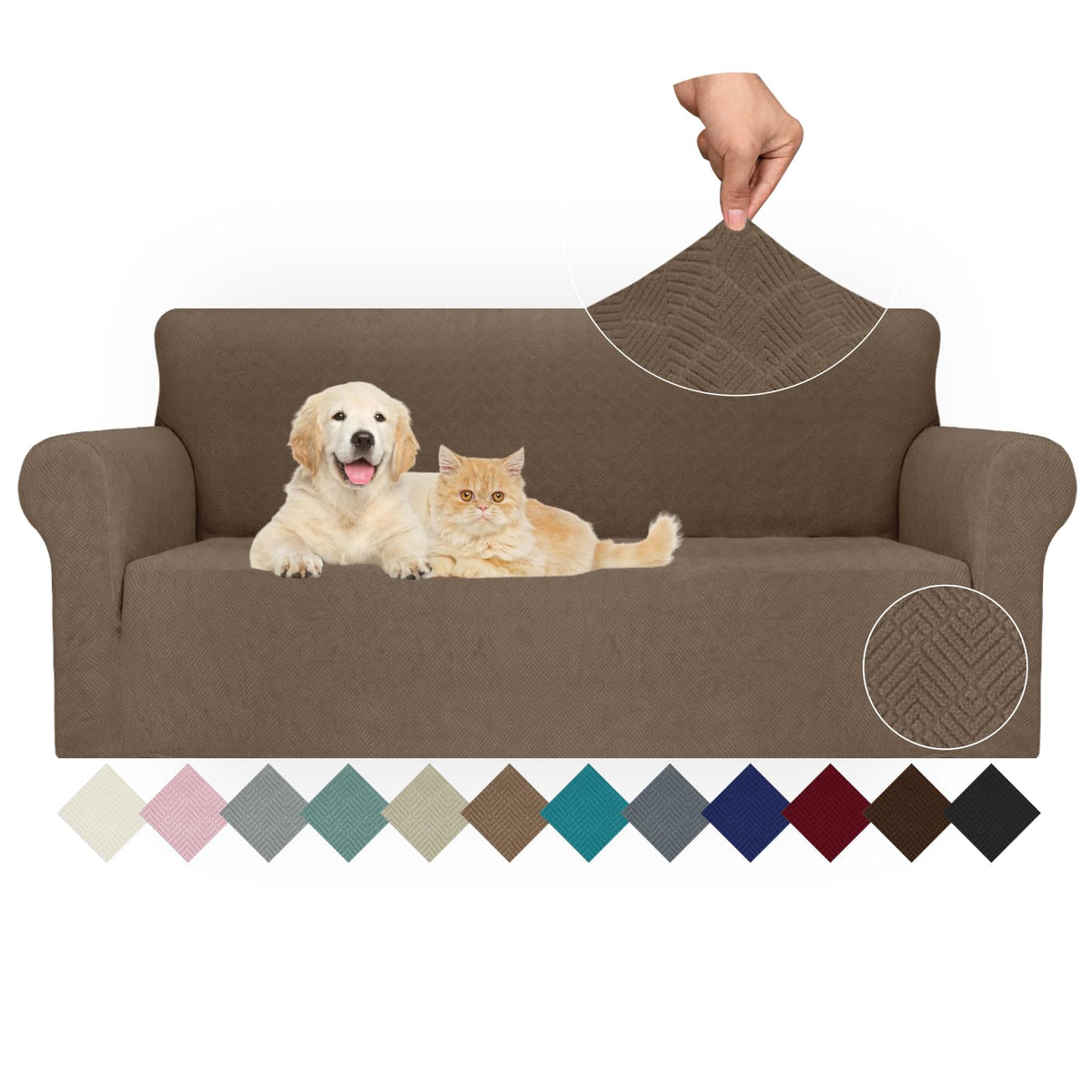 JIVINER High Stretch Couch Covers for 3 Cushion Couch 1-Piece Jacquard Sofa Slipcovers Anti Slip Sofa Cover with Elastic Bottom Furniture Protector for Kids Pets (Sofa, Light Gray and White)