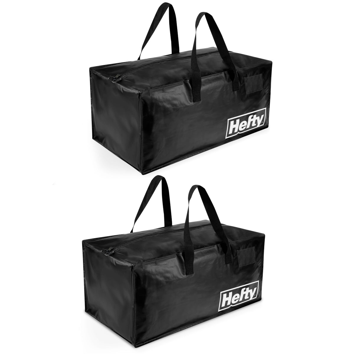 Hefty Storage Bags Extra Large Double Zipper Backpack, Heavy Duty Water Resistant Moving Totes with Shoulder Straps, Foldable Reusable Packing Organizers, 2 Pack (X-Large Black)