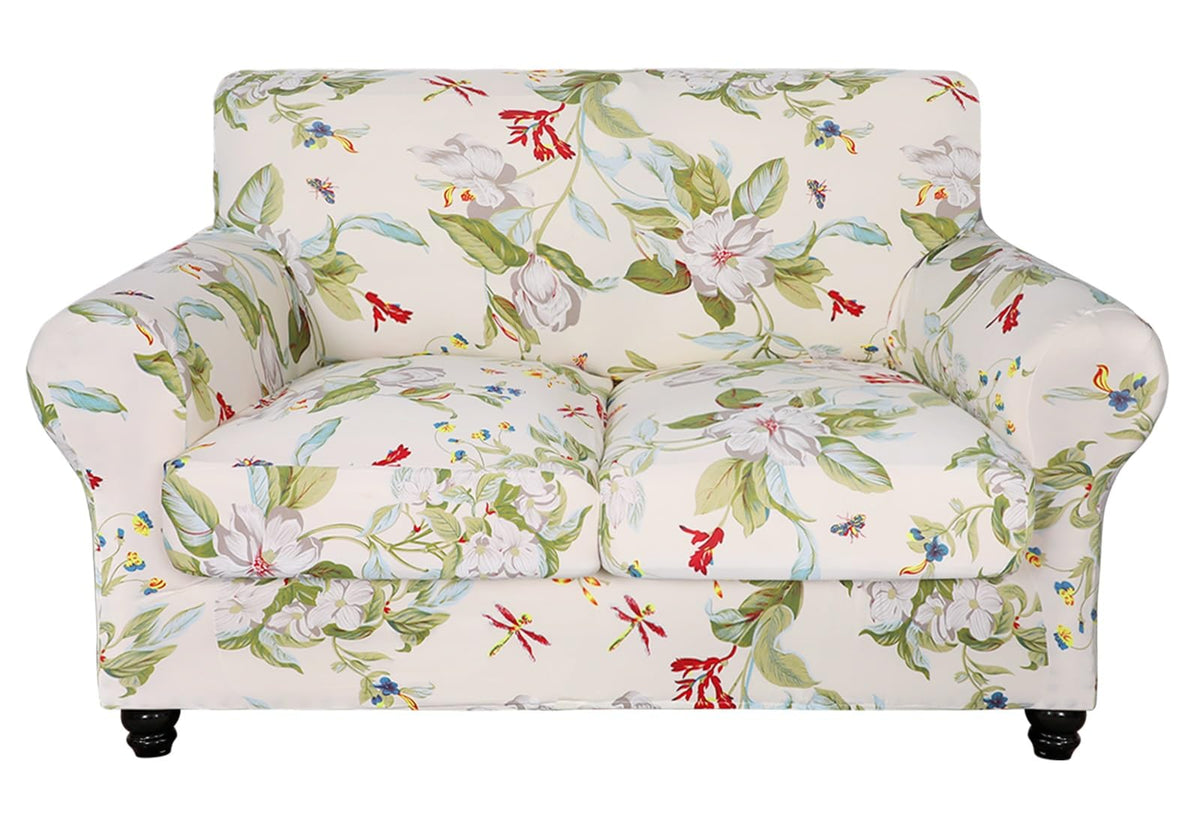 SearchI Stretch Sofa Cover Printed Couch Cover, Floral Pattern 4 Pieces Sofa Slipcover with 3 Separate Cushion Cover, Washable Furniture Protector for Living Room(Sofa, Yellow+Flower)