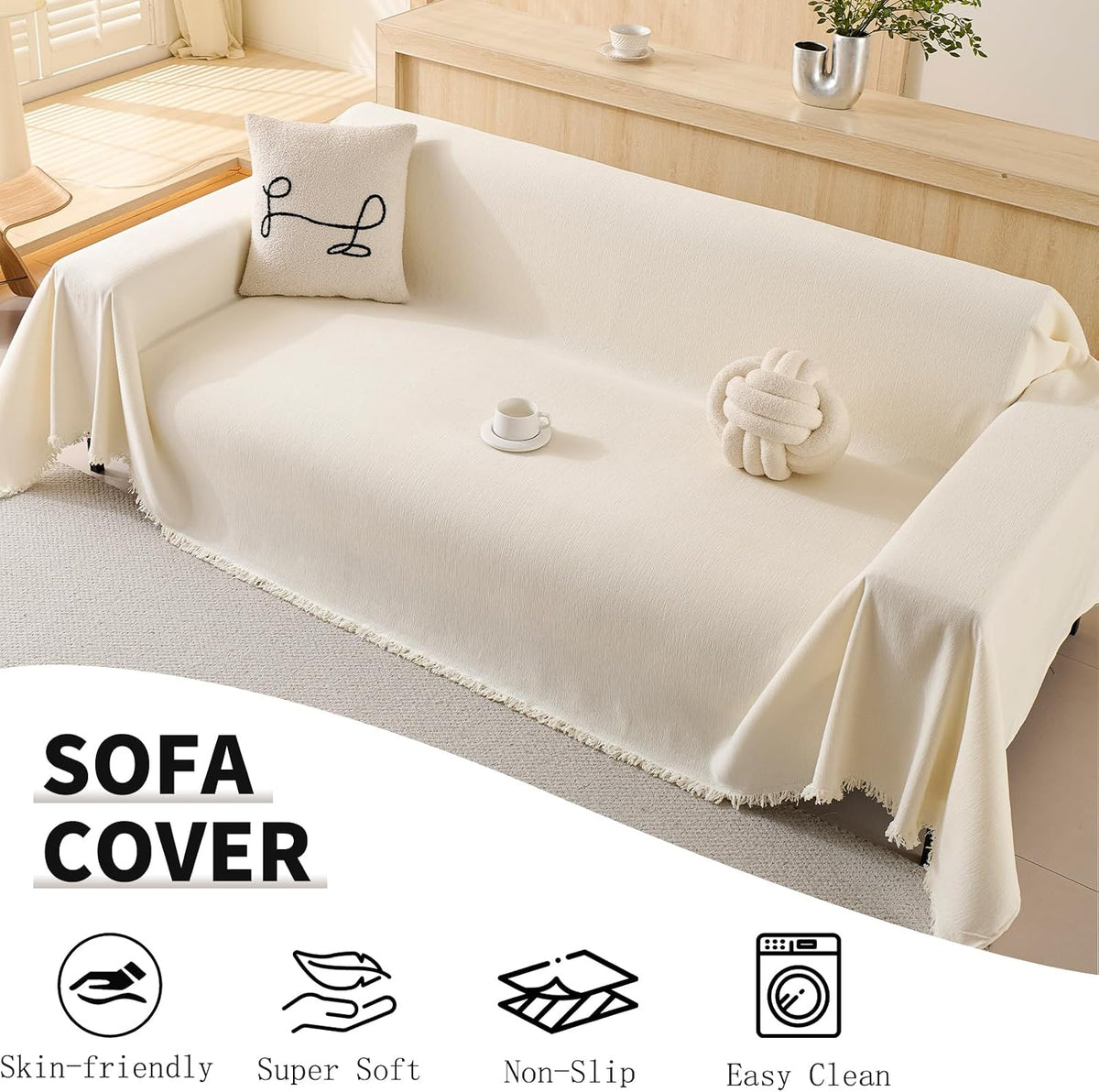100% Waterproof Couch Cover for Pets Washable Sofa Covers for 3-4 Cushion Couch Sofa SlipCover for Dogs Pet-Friendly Furniture Protector for Living Room with Tassel(71" x 134", Beige)