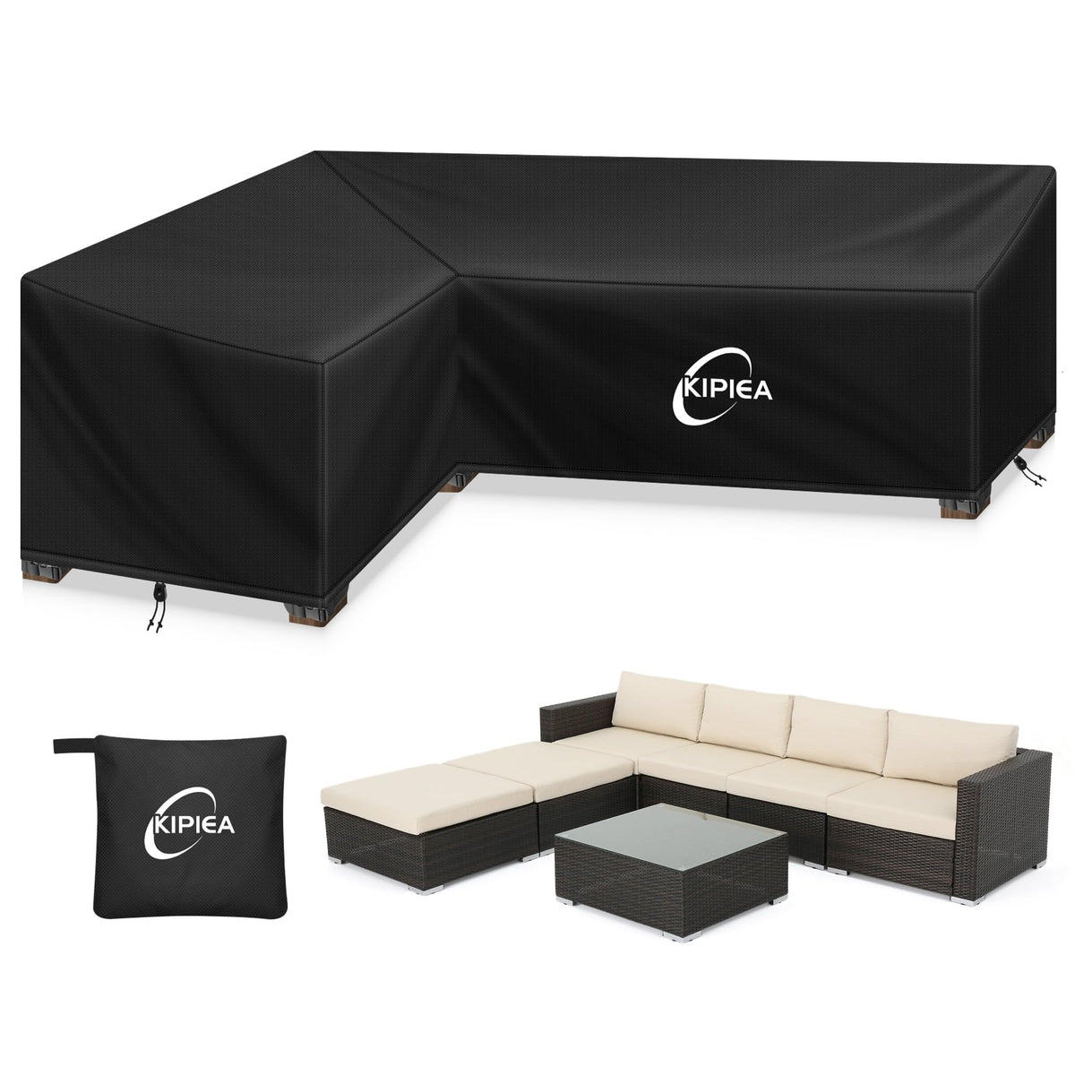 Kipiea Patio V-Shaped Sectional Sofa Cover, 420D Heavy-Duty Oxford Fabric Outdoor Sectional Cover with 6 Windproof Buckles, Anti UV and No Tears, No Fading (85"/85" L x 33.5" D x 31" H) Black
