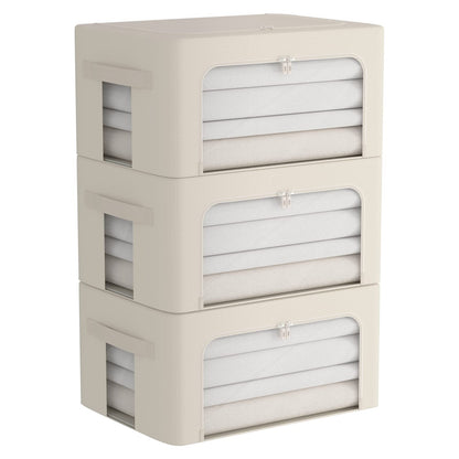 3Pack Frame Storage Box - Clothes Storage Bin Bags Oxford Fabric Foldable Stackable Container Organizer Set with Clear Window & Carry Handles Large Capacity (Beige, Small-22L)