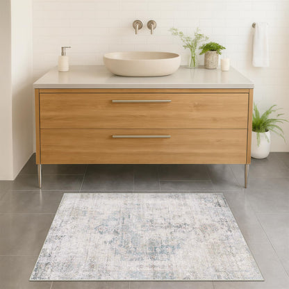 Farmhouse 8x10 Washable Area Rugs for Living Room, Neutral Taupe Brown Abstract Rug for Dining Room and Bedroom, Soft Foldable Low Pile Carpet, Stain Resistant Non-Slip Backing, Distressed Design