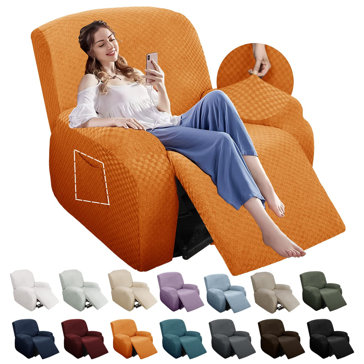 YEMYHOM 8 Pieces Stretch Recliner Sofa Cover Latest Jacquard Reclining Couch Cover with Side Pocket Anti-Slip Fitted 3 Cushion Furniture Slipcovers with Elastic Bottom (Sofa Recliner, Light Gray)