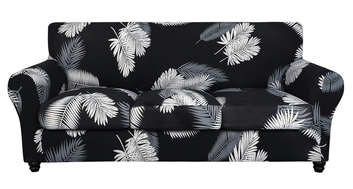 SearchI Stretch Sofa Cover Printed Couch Cover, Floral Pattern 4 Pieces Sofa Slipcover with 3 Separate Cushion Cover, Washable Furniture Protector for Living Room(Sofa, Yellow+Flower)